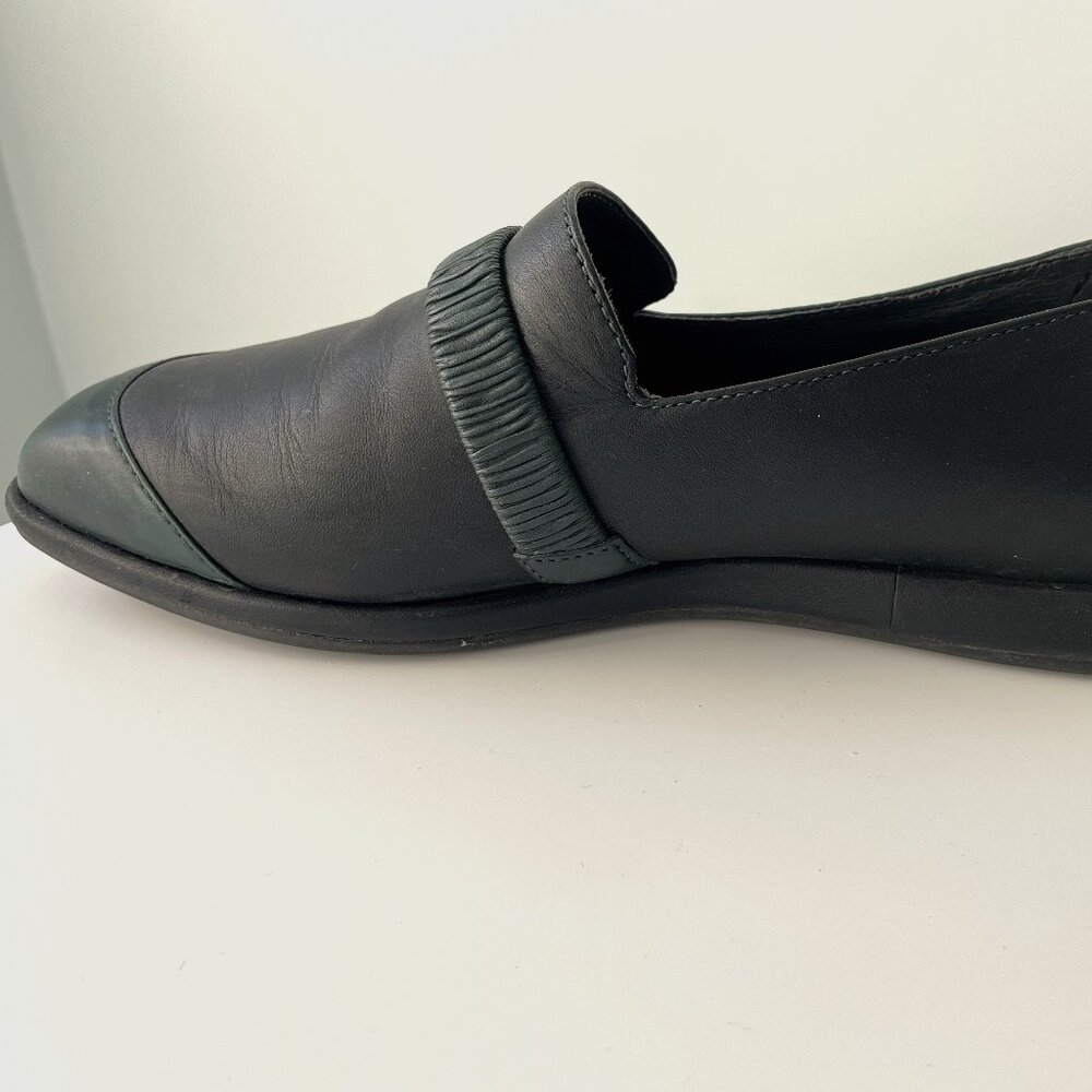 Camper Black Leather Slip-On Loafer with Dark Green Accent